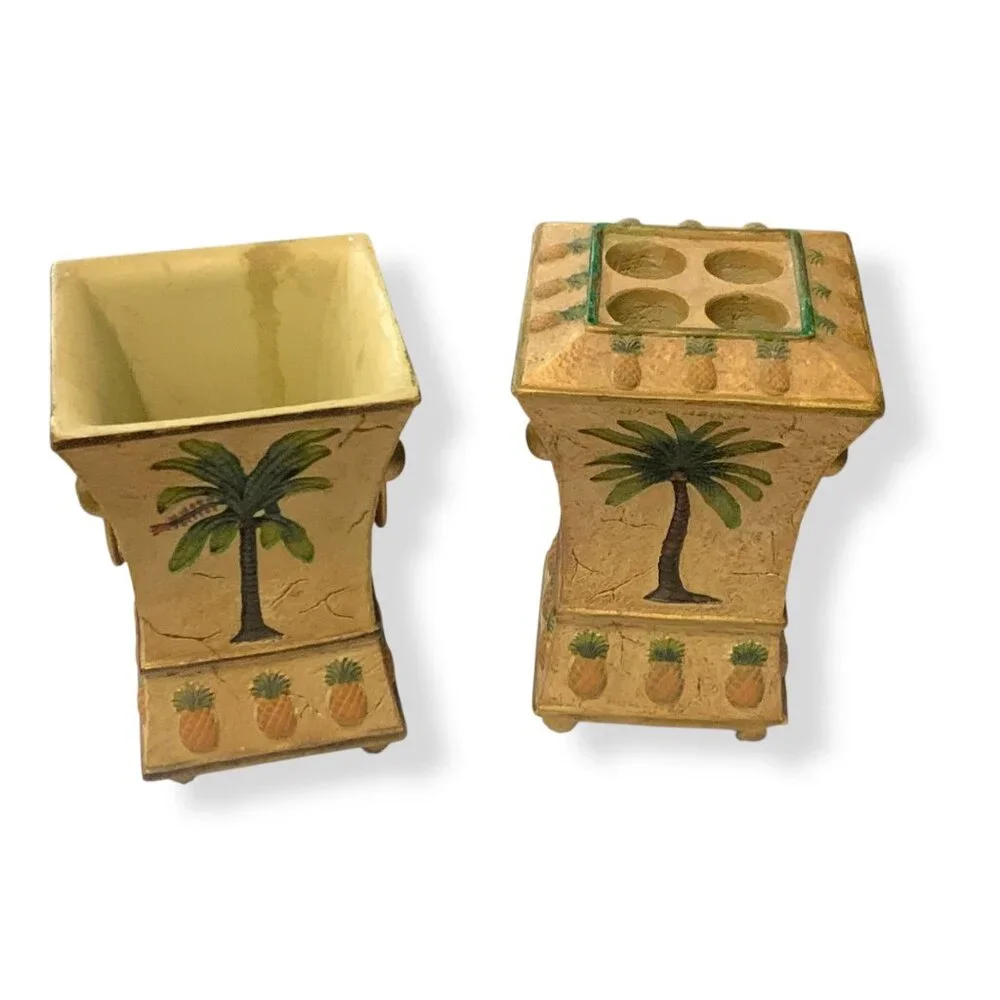 Palm Tree Pineapple Tooth Brush Holder‎ & Cup Tropical Decor MCM Y2K